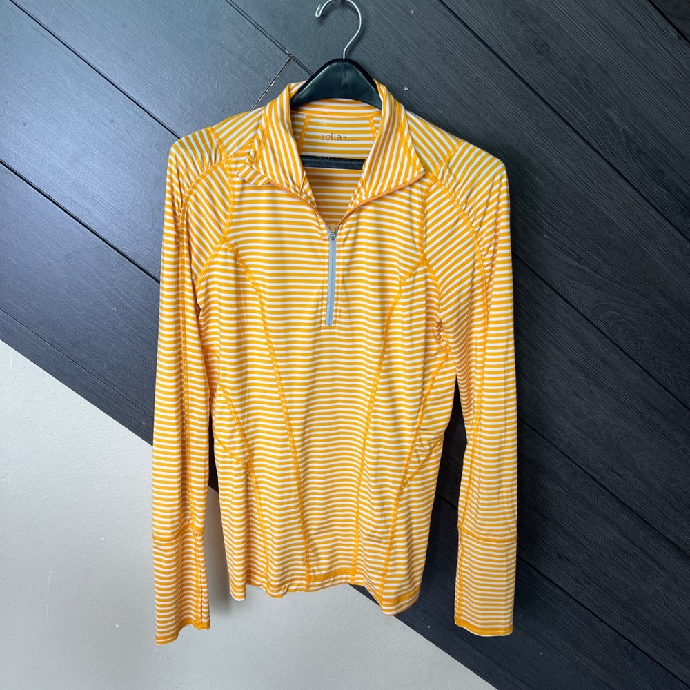 Zella Womens Quarter Zip Pullover Medium Yellow White Striped Athletic Top
